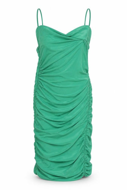 Front view of I SAW IT FIRST Women’s Green, size UK 8, Ruched Bodycon Midi Dress