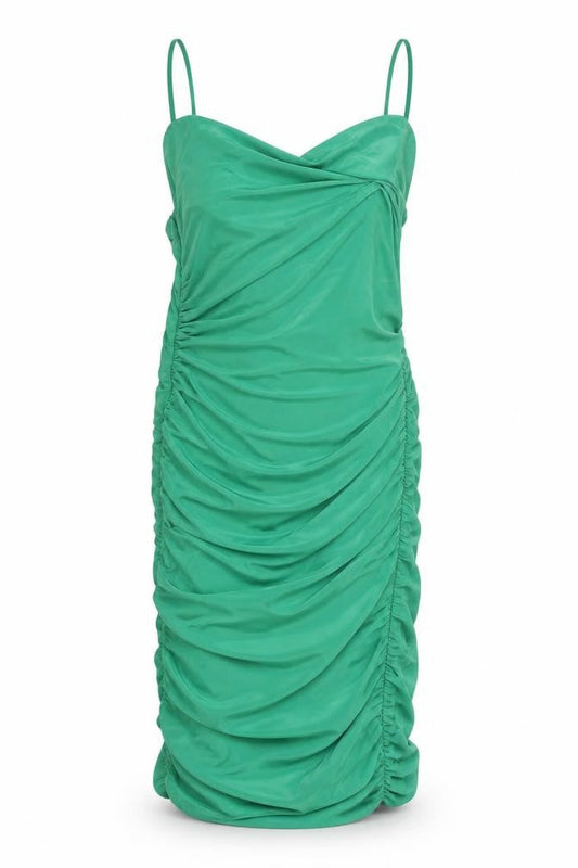 Front view of I SAW IT FIRST Women’s Green, size UK 8, Ruched Bodycon Midi Dress