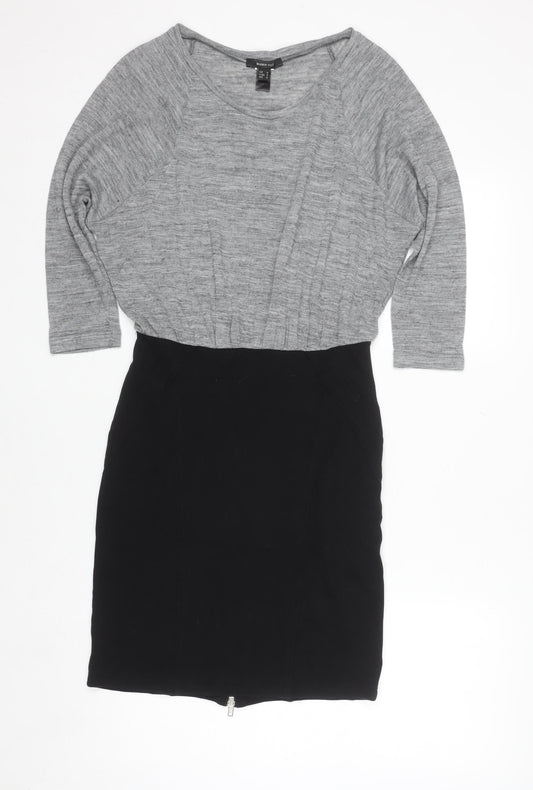 Mango Women Grey Black Sheath Dress Size 12 Knit Colourblock Zip