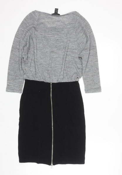 Mango Women Grey Black Sheath Dress Size 12 Knit Colourblock Zip