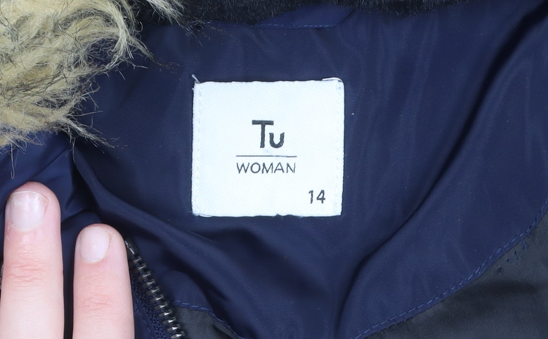 Tu Women Blue Size 14 Faux Fur Hooded Long Puffer Coat