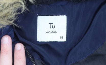 Tu Women Blue Size 14 Faux Fur Hooded Long Puffer Coat