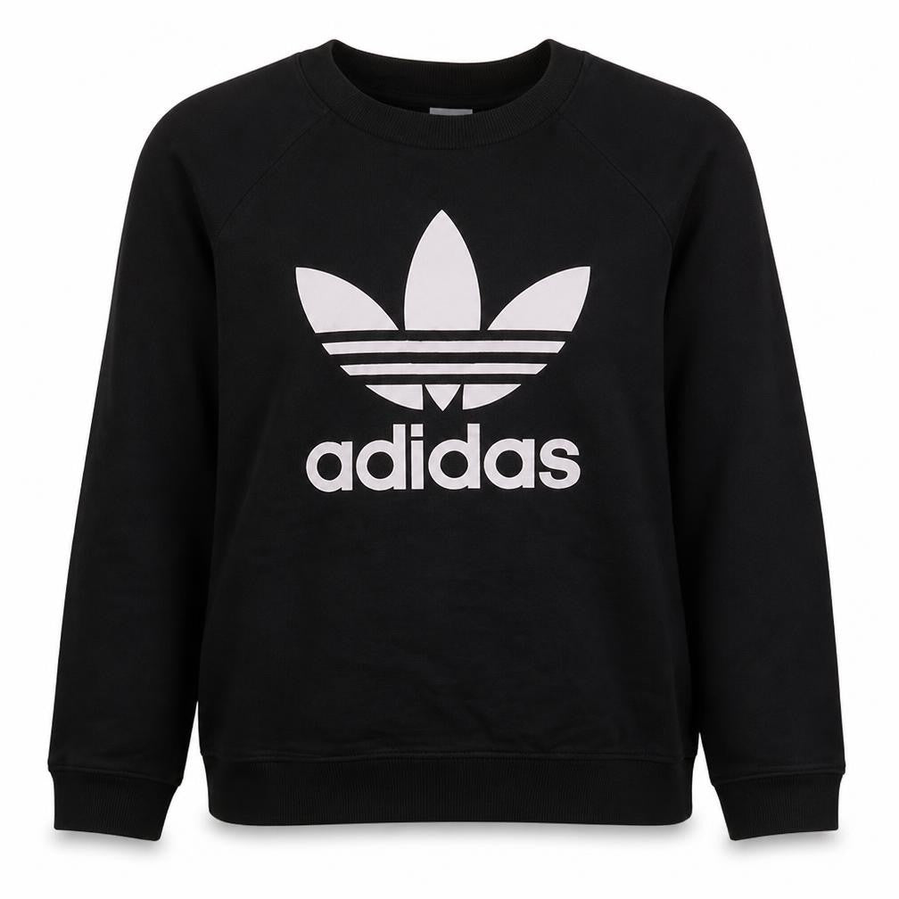 Front view of Adidas Women Black Crew Neck Sweatshirt, size 10, Logo Print Casual