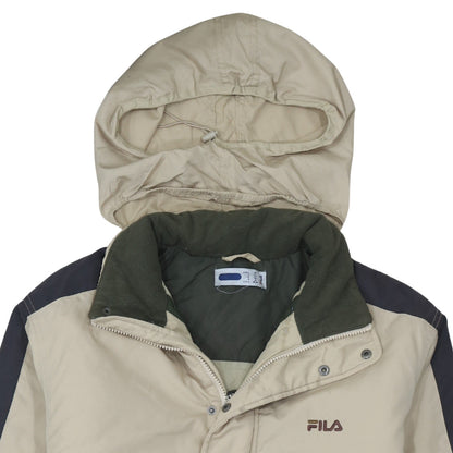FILA Men Beige Hooded Puffer Jacket Size M Water Resistant Winter Coat
