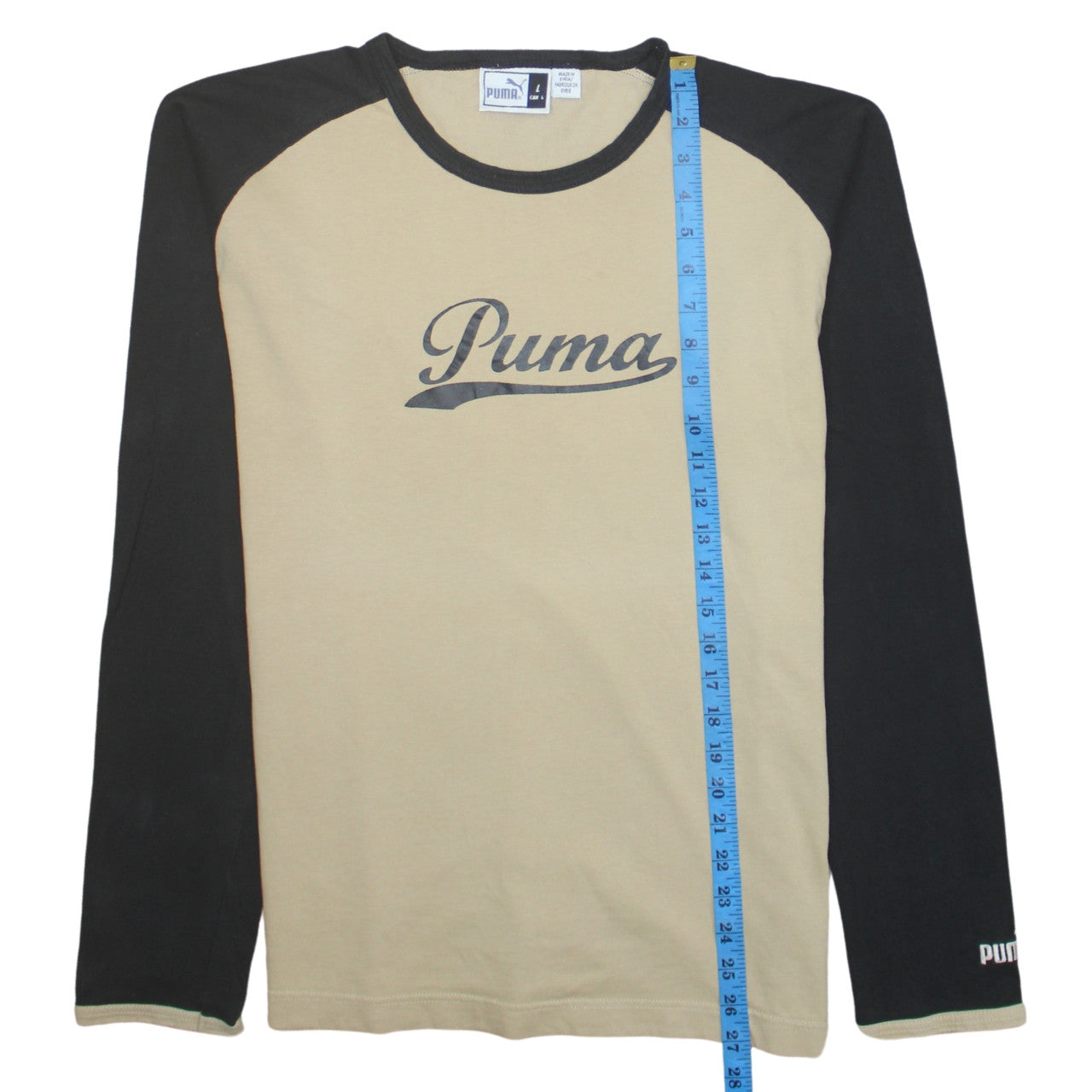 Puma Men Beige Black Long Sleeve Logo Crew Neck Cotton T-Shirt L