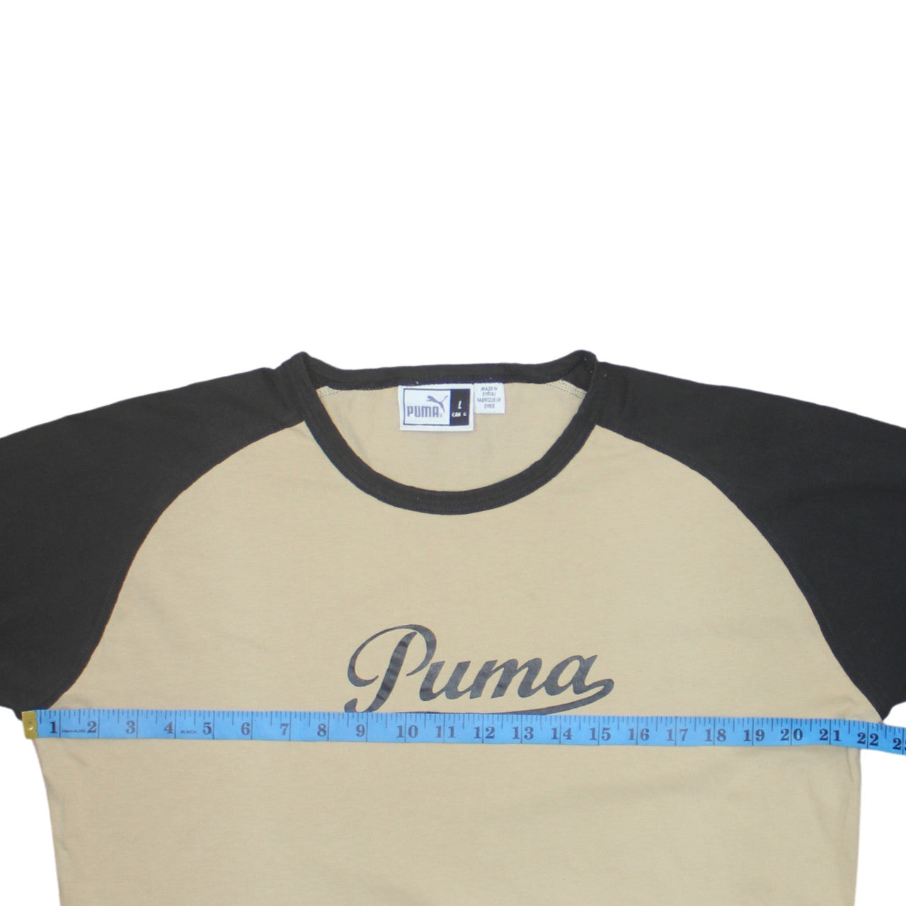 Puma Men Beige Black Long Sleeve Logo Crew Neck Cotton T-Shirt L