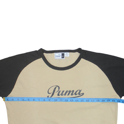 Puma Men Beige Black Long Sleeve Logo Crew Neck Cotton T-Shirt L