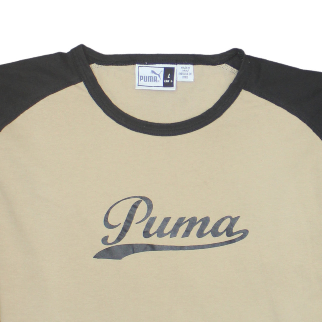 Puma Men Beige Black Long Sleeve Logo Crew Neck Cotton T-Shirt L