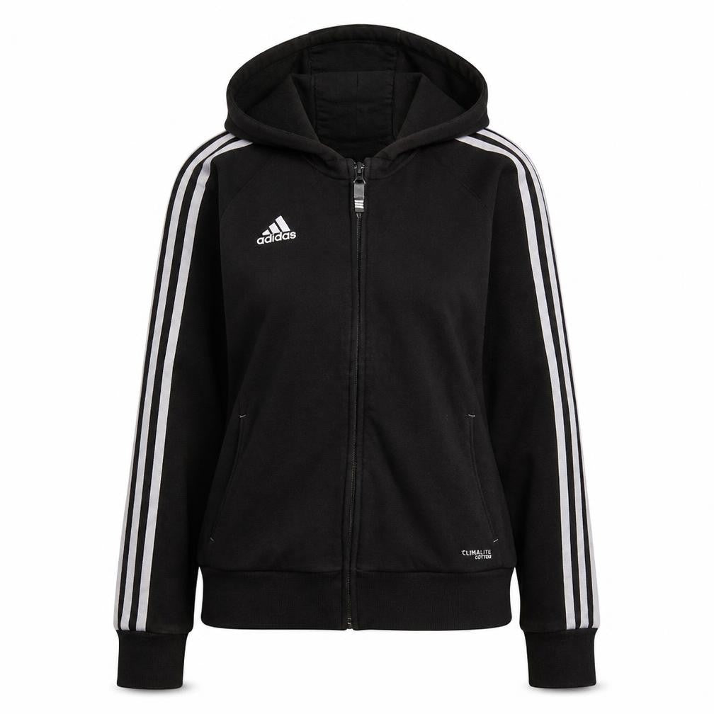 Front view of Adidas women’s black full zip hoodie, size UK 10, pink boxing cuffed sportswear