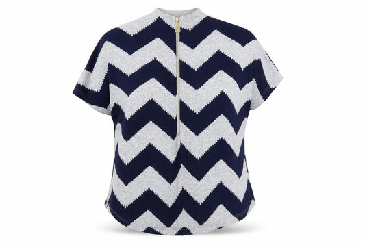 Front view of Roman Women Blue Geometric Tunic Blouse, size 16, Short Sleeve Zip