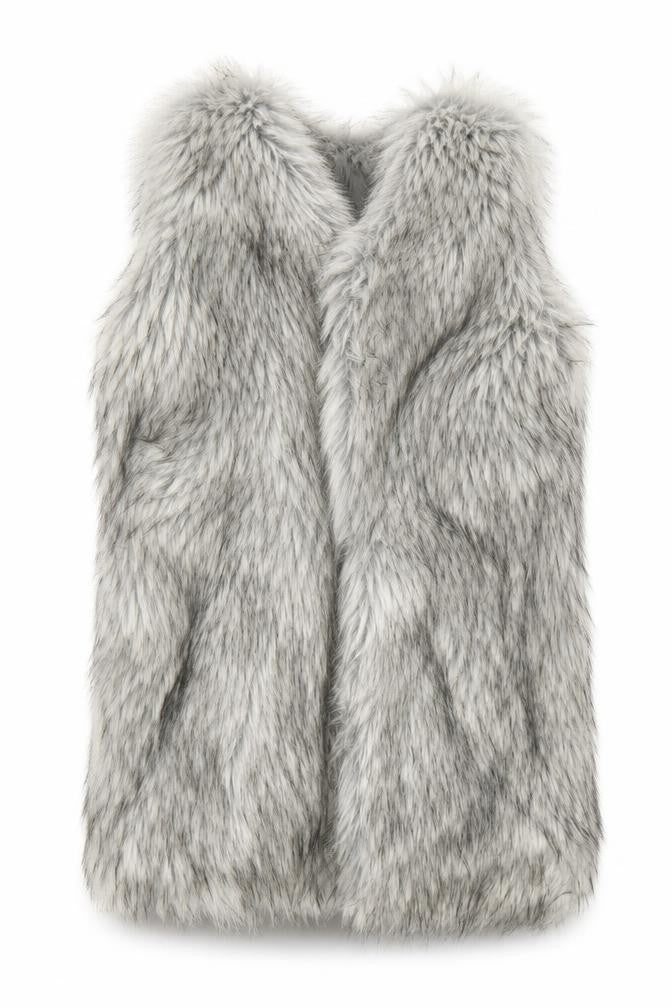 Front view of Atmosphere Women’s Grey Faux Fur Waistcoat, size M, Sleeveless Lined
