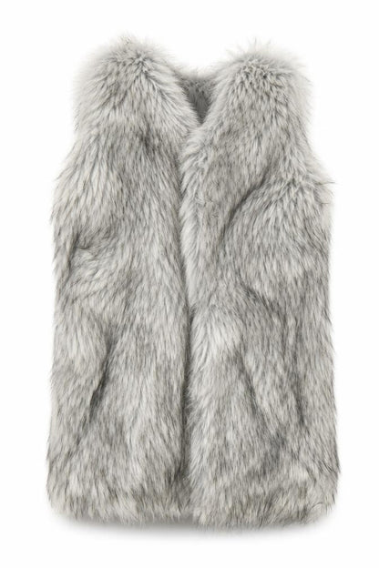 Front view of Atmosphere Women’s Grey Faux Fur Waistcoat, size M, Sleeveless Lined
