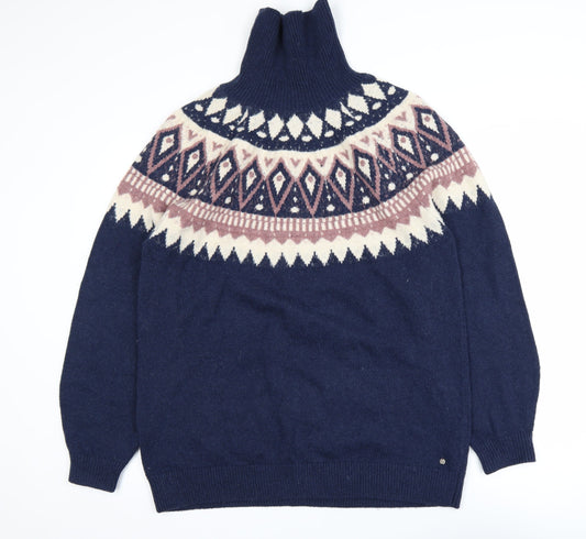 Fat Face Men’s Blue Fair Isle Roll Neck Wool Blend Jumper L