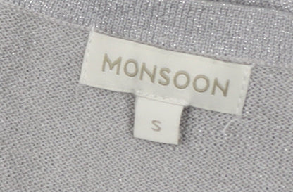 Monsoon Women's Silver Knit Cardigan S V-Neck Glitter Party Style