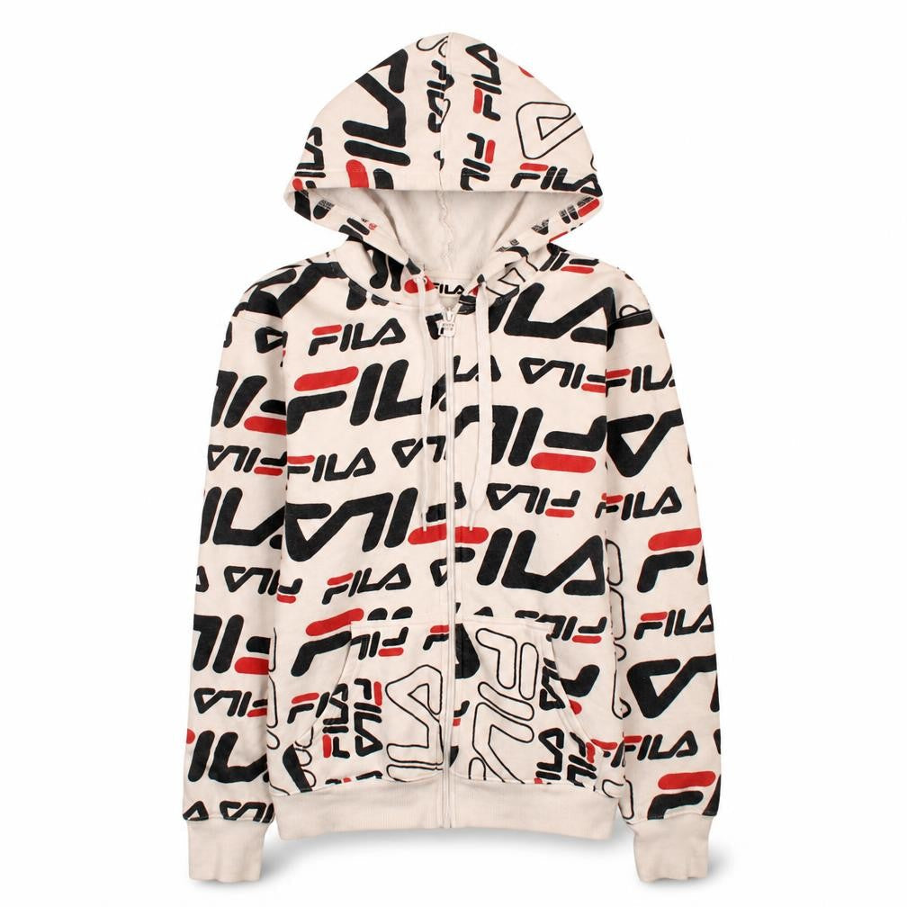 Front view of Fila Women’s Beige Full Zip Hoodie UK 12 Logo Print Vintage Style