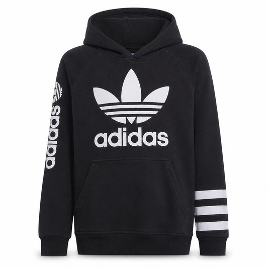 Front view of Adidas boys’ black hoodie 13–14y pullover cotton blend graphic print