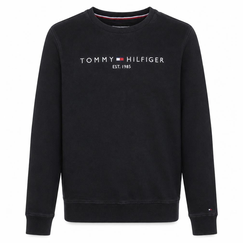 Front view of Tommy Hilfiger boys’ black logo crew neck sweatshirt, size 16, years