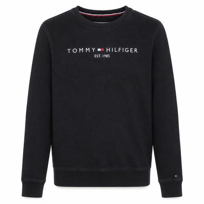 Front view of Tommy Hilfiger boys’ black logo crew neck sweatshirt, size 16, years