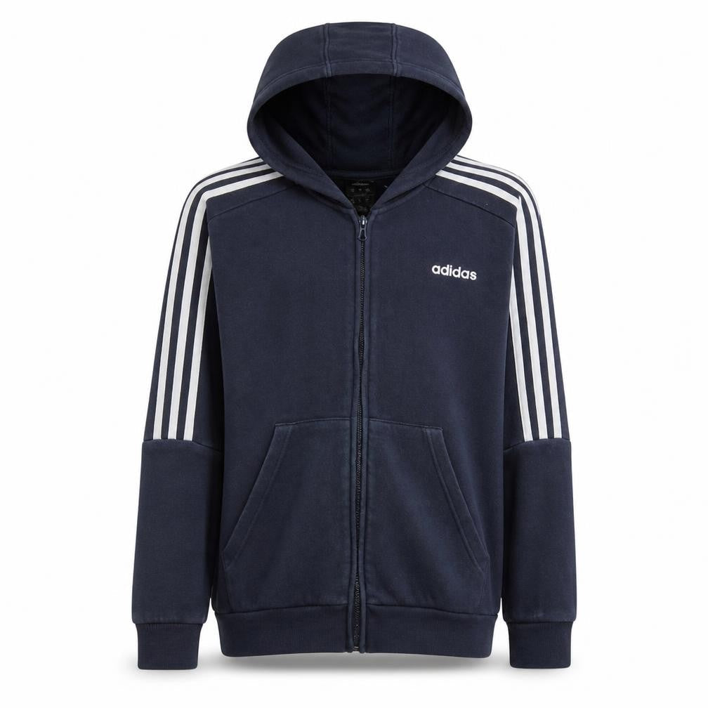 Front view of Adidas boys’ navy blue full zip hoodie age 13-14 years lined sportswear