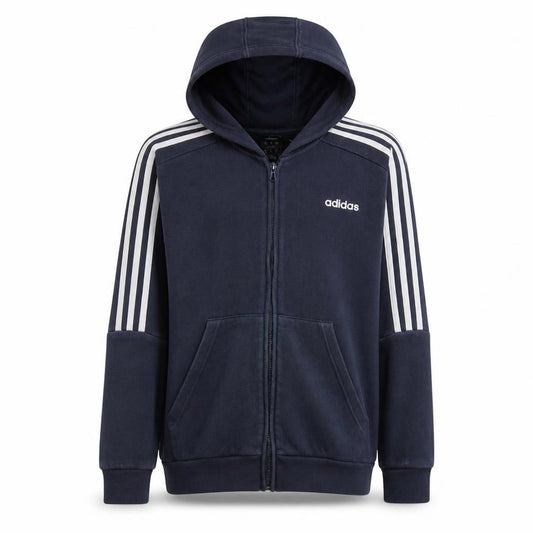 Front view of Adidas boys’ navy blue full zip hoodie age 13-14 years lined sportswear