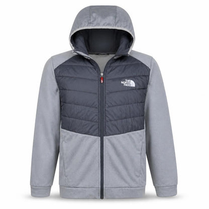 Front view of The North Face boys’ grey hooded full zip puffer jacket 18-20 years