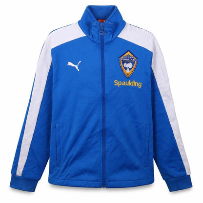 Front view of Puma boys’ blue full zip soccer hoodie jacket, size 12, athletic style