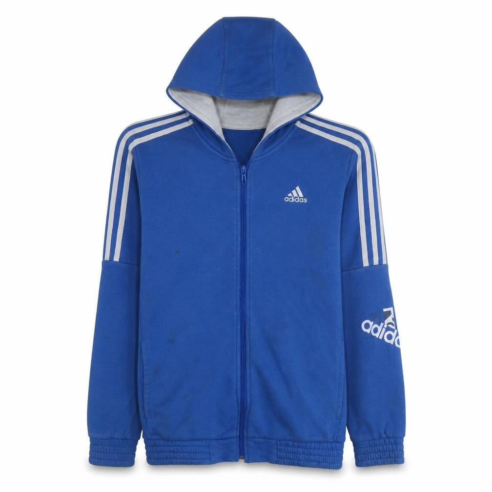 Front view of Adidas boys’ blue full zip hoodie, size 13-14, years classic sportswear