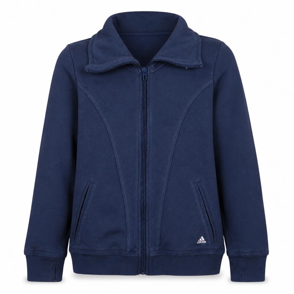 Front view of Adidas girls’ navy full zip sweatshirt hoodie, size 14-15, years