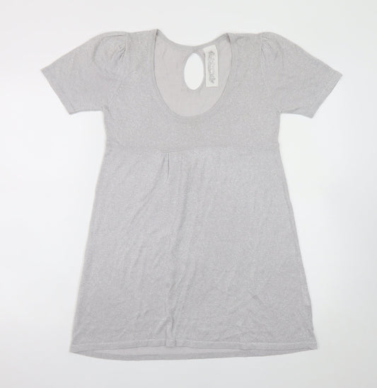 Evie Women’s Silver A-Line Party Dress Size 14 Short Sleeve Scoop Neck