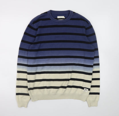 Foxton Men's Blue Striped Cotton Crew Neck Jumper Size S