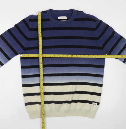 Foxton Men's Blue Striped Cotton Crew Neck Jumper Size S