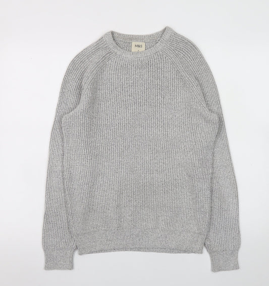 Back view of Marks and Spencer Men's Grey Chunky Knit Crew Neck Jumper, size S