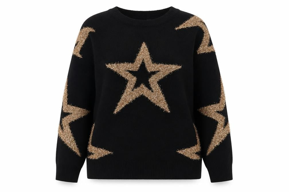 Front view of LTS Women Black Star Glitter Knit jumper, size 18-20