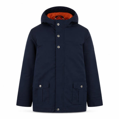 Front view of Vertbaudet boys’ blue hooded parka coat 11-12 years lined water resistant