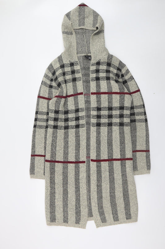 Izabel London Women Grey Hooded Long Cardigan UK 10 Checked Knit