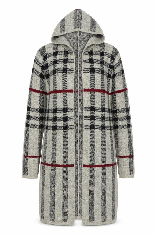 Izabel London Women Grey Hooded Long Cardigan UK 10 Checked Knit