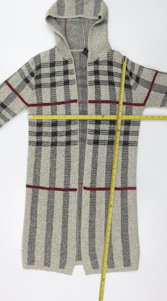 Izabel London Women Grey Hooded Long Cardigan UK 10 Checked Knit