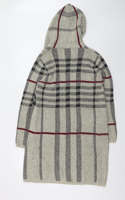 Izabel London Women Grey Hooded Long Cardigan UK 10 Checked Knit