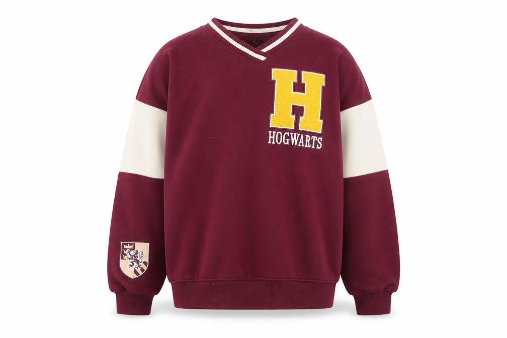 Front view of H&M girls’ red hogwarts pullover sweatshirt 11-12 years v-neck cotton blend