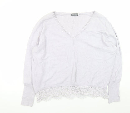 Mint Velvet Women's Grey V-Neck Lace Hem Relaxed Jumper Size 14
