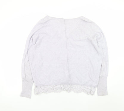 Mint Velvet Women's Grey V-Neck Lace Hem Relaxed Jumper Size 14