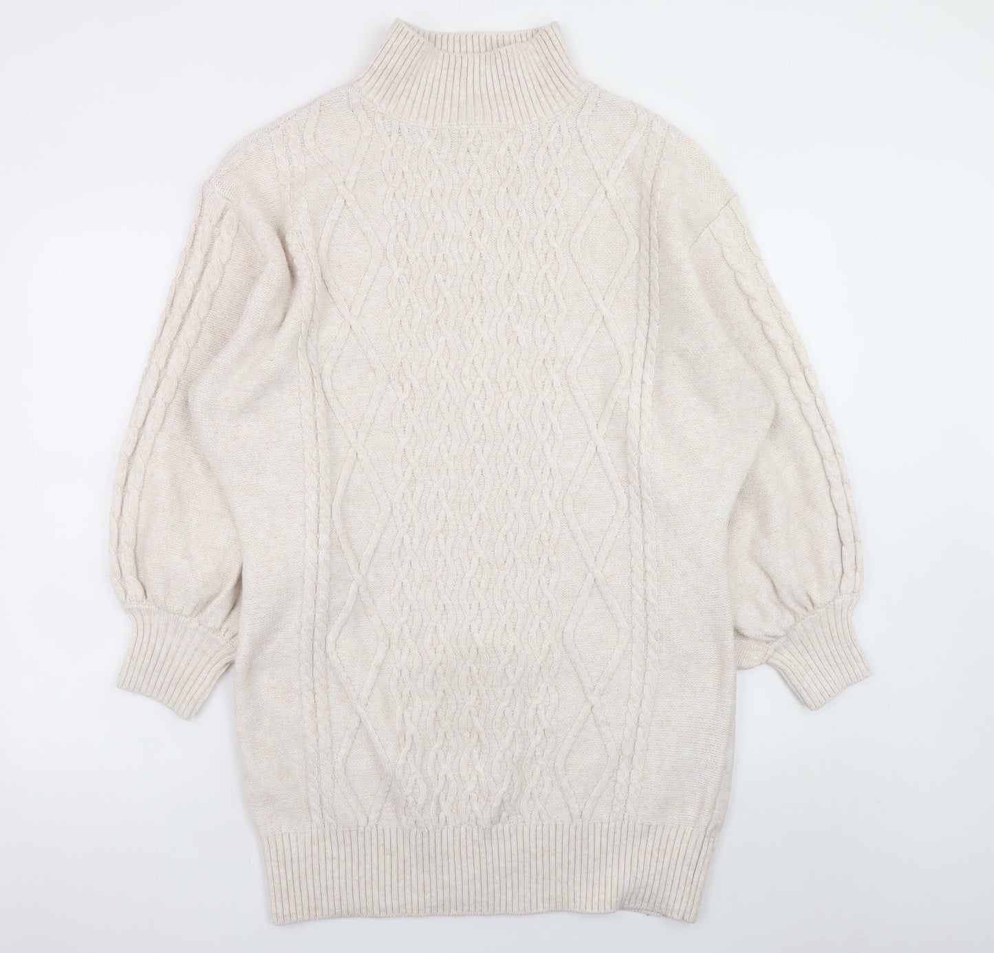 H&M Women Beige Knit High Neck Jumper Dress L Wool Blend
