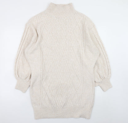 H&M Women Beige Knit High Neck Jumper Dress L Wool Blend