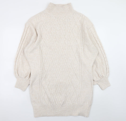 H&M Women Beige Knit High Neck Jumper Dress L Wool Blend