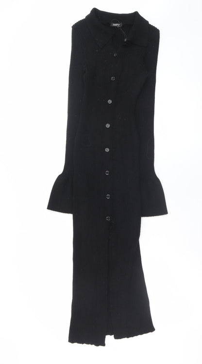 Boohoo Women’s Black Collared Button Midi Knit Shirt Dress Size S