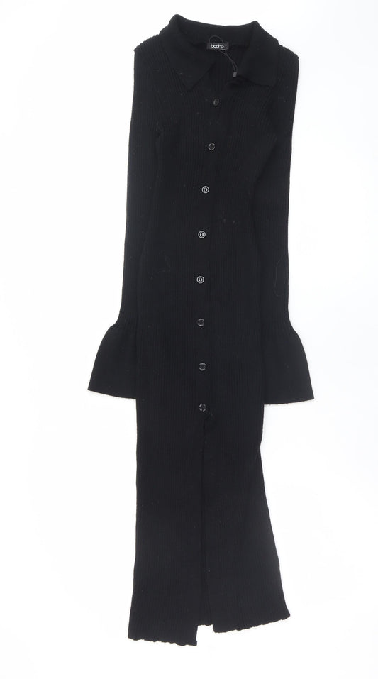 Boohoo Women’s Black Collared Button Midi Knit Shirt Dress Size S