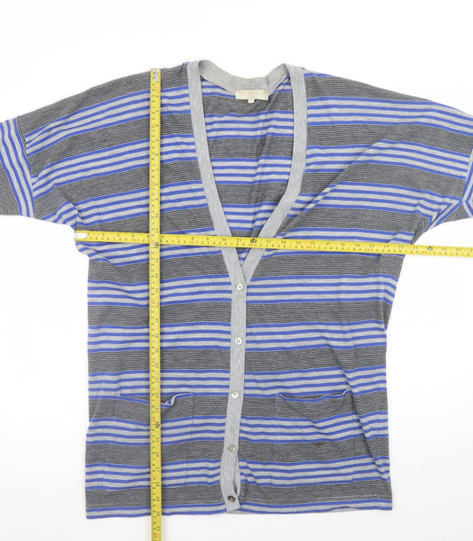 Nicole Farhi Women Blue Striped V-Neck Button Cardigan Size S