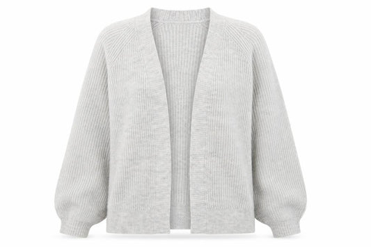 Front view of ASOS Design women’s grey uk 10 rib knit open cardigan jumper