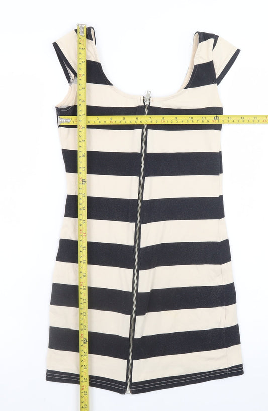 H&M Women Black Beige Striped Bodycon Short Dress Size 10
