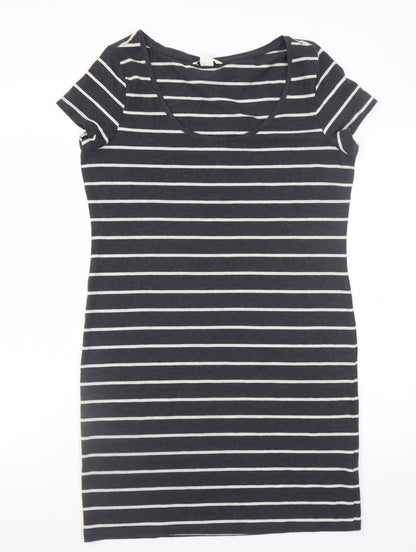 H&M Women Black Stripe Bodycon Dress Size 14 Short Sleeve Jersey